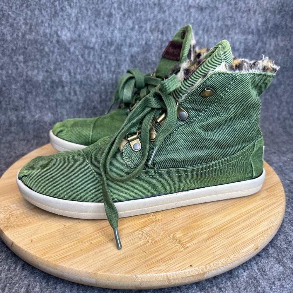 Toms Womens Highland Botas Boots Shoes 8.5 Green Canvas‎ Faux Fur Leopard